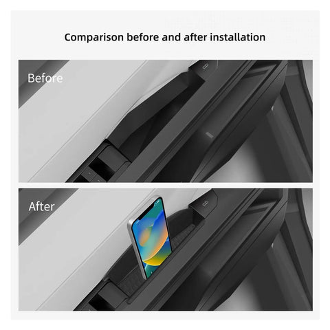 High Quality Abs Door Handle Storage Box For Tesla Cybertruck 2024 Dash Console Organizer Tray showing before and after installation.
