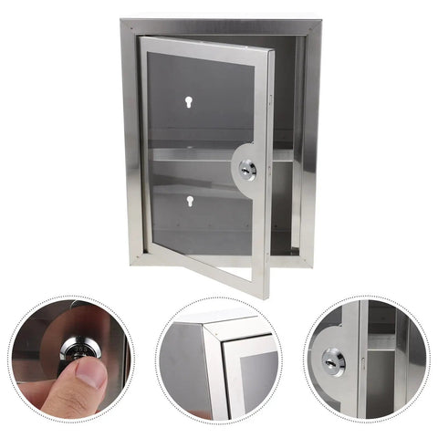 Locking Wall Mounted Stainless Steel Storage Box With Double Layer Design, See Through Door, open with lock detail