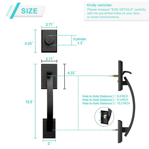 Oil Rubbed Bronze Double Door Handleset With Lever On One Side And Dummy On The Other For Front Or Office Doors Keyed Entry And Dummy Lock Set Heavy Duty Construction EZ Install dimensions.
