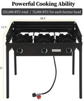 Front view of Three-Burner Outdoor Propane Stove With Detachable Stand And Windscreen, 225,000-BTU heavy duty iron cast cooker.