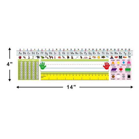 Self Adhesive Desk Nameplates Set For Primary Students Pack Of 36 14 By 4 Inches featuring alphabet, shapes, and measurement lines