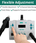 Close-up of Hot Air Rework Station 1000W With 7 Nozzles, LCD Display, and finger pressing channel control button for PCB repair.