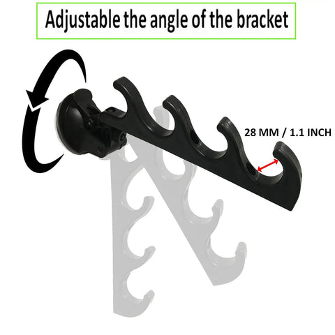 Adjustable Horizontal Fishing Rod Rack With Suction Cup Mount For Car Truck SUV Boat Holds Four Rods showing bracket angle adjustment