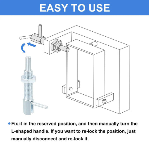 Built Tough Heavy Duty M10 Carbon Steel Plunger Pins Four Pack showing easy installation with L-shaped handle and locking mechanism.