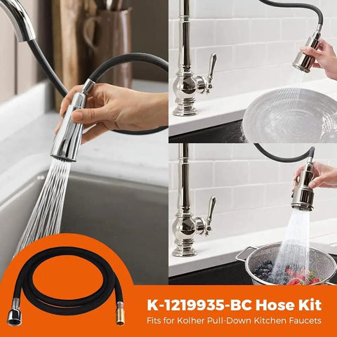 67 Inch Bright Chrome Pull Down Kitchen Faucet Hose Kit With DockNetik Magnetic Docking System NSF Certified Replacement Part K1304674BC visible in use and layout