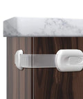12 Pack Adhesive Baby Proof Cabinet Locks For Drawers Cabinets Dishwashers Fridges And Ovens No Drill Easy Install Kidproof Safety Straps White installed on wooden cabinet