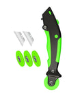 Sweet 3 In 1 Window Screen Roller Tool With 3 Interchangeable Rollers For Quick Fixes Plus Foldable Design For Easy Storage At Home Features Retractable Cutter And Concealed Removal Hook Inside Makes Home Repair Easy. Green and black window screen repair tool with 3 rollers and spare blades.