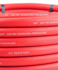 Heavy Duty 50 Foot Rubber Air Hose Packed With 3 8 Inch Bore And Machined Brass One Quarter Male Npt Couplings Garage Graded Pneumatic Line Blasting Kink Free Genuinely Rock Solid Rating 250 Psi coiled with pressure markings