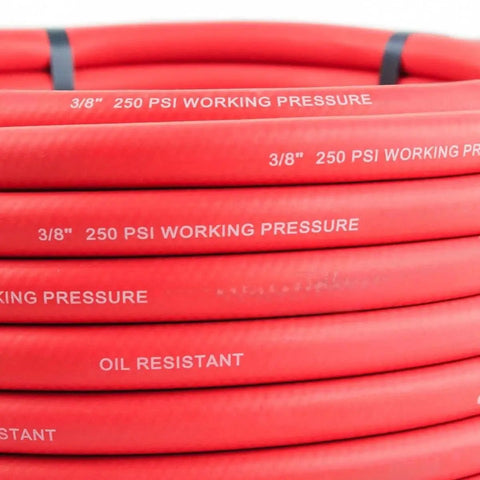 Heavy Duty 50 Foot Rubber Air Hose Packed With 3 8 Inch Bore And Machined Brass One Quarter Male Npt Couplings Garage Graded Pneumatic Line Blasting Kink Free Genuinely Rock Solid Rating 250 Psi coiled with pressure markings