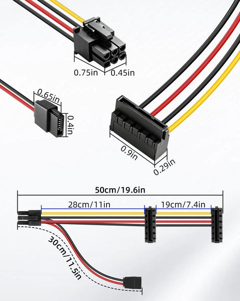 ATX 6Pin To Dual 15Pin SATA Power Cable With Mini 4Pin Optical Drive Connector Extension For Desktop PCs, 50cm cable