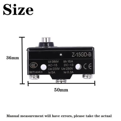 Z-15GD-B Top Shelf Industrial Limit Switch Workhorse showing size dimensions 36mm by 50mm, designed for heavy machinery use.