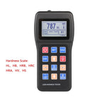 Top Shelf Digital Hardness Tester Portable Handheld Metal Gauge showing hardness reading and buttons for steel testing.