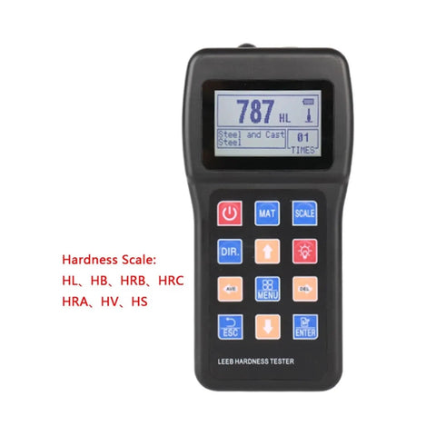 Top Shelf Digital Hardness Tester Portable Handheld Metal Gauge showing hardness reading and buttons for steel testing.