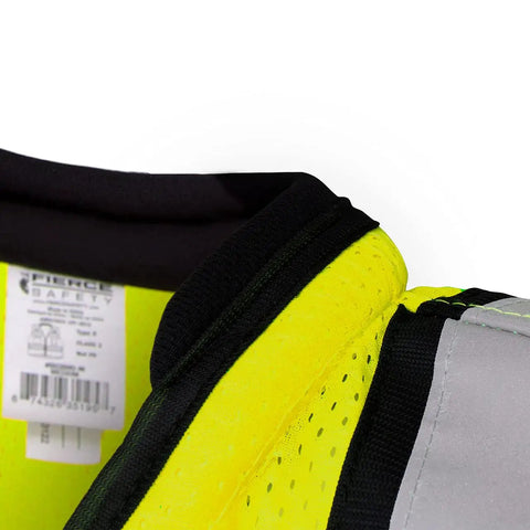 Class 2 High Visibility Safety Vest In Neon Green With Hella Breathable Mesh Back And No Sweat Neck Padding For Heavy Duty Construction Sites Demanding Top Tier ANSI Compliance close-up showing mesh and collar details.