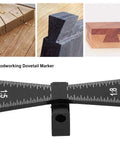Heavy Duty Aluminum Alloy Dovetail Marking Gauge And Woodworking Scriber Ruler For Cork And Solid Hardwood Joinery Featuring Hella Precise Scale Etchings With A No Fuss Design; shown at an angle with engraved measurements.