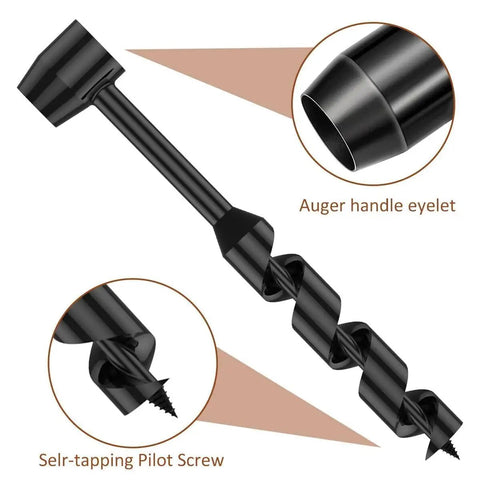 Hand Auger Wood Drill With Self Tapping Tip For Bushcraft And Survival Manual Drill For Camping And Outdoor Use 10mm By 260mm No Power Needed Beast Mode For Hiking And Woodworking Shelter Building Built Tough With High Hardness Steel, showing auger handle eyelet and self-tapping pilot screw detail.