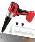 Cordless Rivet Gun For Milwaukee 18V Battery Compatibility Tool Only No Battery Included, red and black tool with rivets and wrench