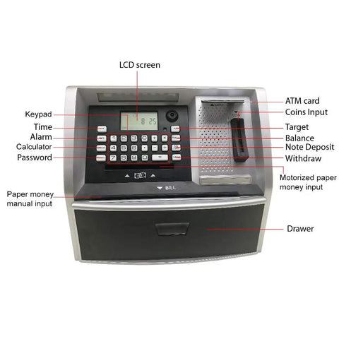 Interactive Talking ATM Bank For Kids With Savings Piggy Bank showing keypad, LCD screen, motorized bill feeder, drawer