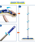 No Fuss Heavy Duty Commercial Dust Mop With 29.5 Inch Head And 61 Inch Handle showing easy assembly steps and features