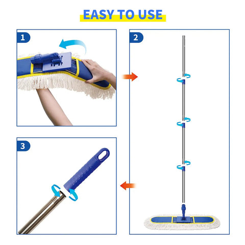 No Fuss Heavy Duty Commercial Dust Mop With 29.5 Inch Head And 61 Inch Handle showing easy assembly steps and features