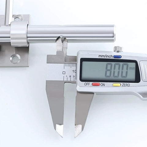 Close-up of a caliper measuring an 8.00 mm stainless steel bolt for Gate Latch Lock for Wooden Garden Stainless Steel Brushed Hardware.