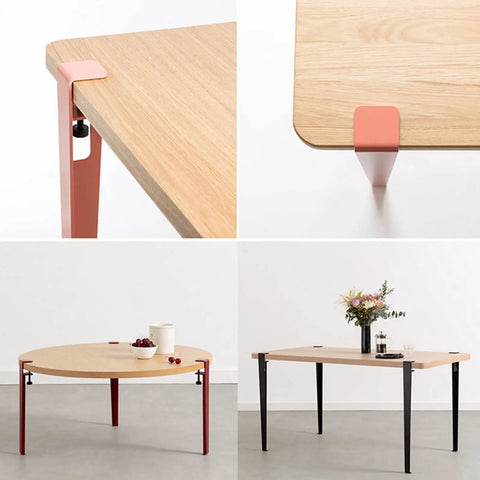 Sturdy 4-Piece Metal Table Clamp Legs Set For DIY Home Projects attached to wooden tables, adjustable F-shape, red legs.