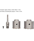 Heavy Duty Masonry Hole Saw Set With 2 Giant Cutters For Brick, Concrete Walls And Cement Drilling Tasks Thanks To Durable Steel Body Plus YG8 Alloy Tips That Cut Through Tough Hard Surfaces Like A Champ Every Single Time. 65mm and 80mm cutters with shaft rod