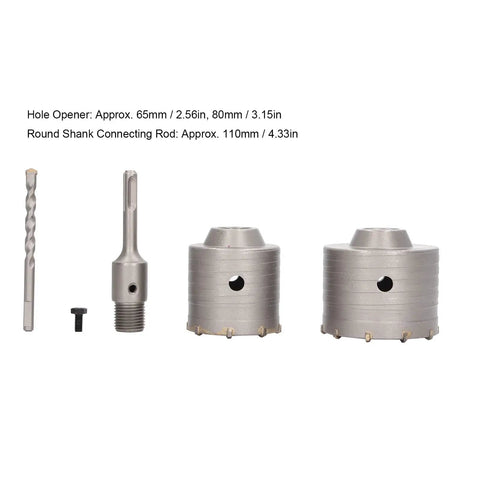 Heavy Duty Masonry Hole Saw Set With 2 Giant Cutters For Brick, Concrete Walls And Cement Drilling Tasks Thanks To Durable Steel Body Plus YG8 Alloy Tips That Cut Through Tough Hard Surfaces Like A Champ Every Single Time. 65mm and 80mm cutters with shaft rod
