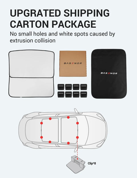 BASENOR Tesla Model 3 sunshade kit (2017–2020): front & rear glass roof shades, 8 clips, storage bag, black