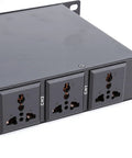 Close-up of the Straight Up Workhorse Power Sequencer With Ten Secure Outlets And Clear Digital Voltage Display built from heavy duty aluminum alloy.