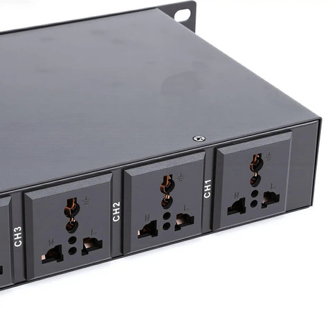 Close-up of the Straight Up Workhorse Power Sequencer With Ten Secure Outlets And Clear Digital Voltage Display built from heavy duty aluminum alloy.