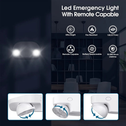 LED Emergency Light With Remote Capable And Adjustable Lamp Heads For Exit Lighting, Backup Battery Power, 120V-277V Dual Voltage