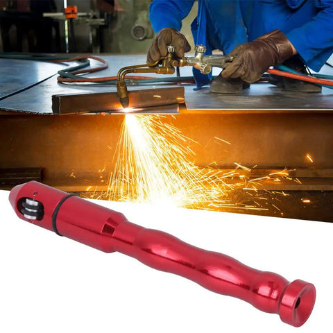 Get That Heavy Duty TIG Welding Wire Feed Pen And Rock Your Shop With This Super Fast Industrial Arc Welding Tool That Handles 1 To 3.2mm Wire Like A Boss While Keeping It Lightweight Ergonomic And Totally Portable For You Pros, red alloy pen with sparks from welding in background.