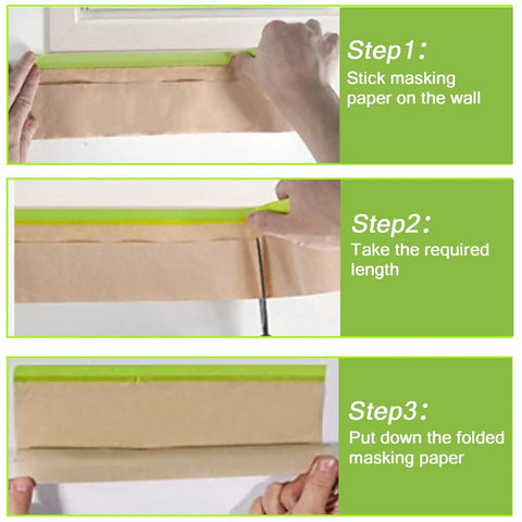 Three steps using Two Pack Pro Grade 18 Inch Masking Paper Roll With Tape For Painting And Auto Work on walls.