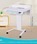 Effortless Height Adjustment Mobile Standing Desk With Quiet Rolling Wheels 28x23 Desktop showing telescopic frame and measurements.