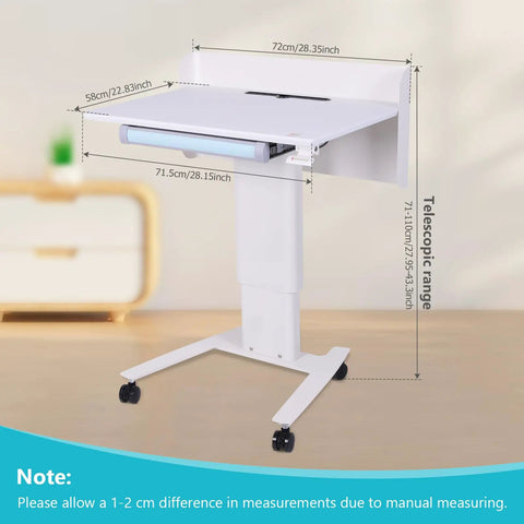 Effortless Height Adjustment Mobile Standing Desk With Quiet Rolling Wheels 28x23 Desktop showing telescopic frame and measurements.