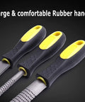 Close-up of Rugged Workhorse Three Piece Wood Rasp File Set featuring large rubber handles for comfortable grip.