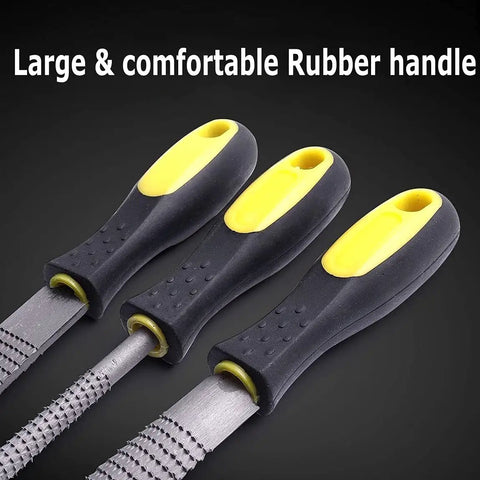 Close-up of Rugged Workhorse Three Piece Wood Rasp File Set featuring large rubber handles for comfortable grip.