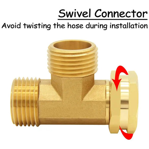 Brass 3/4 Inch GHT Tee Hose Fitting With Male X Male X Swivel Female, Go-To Garden Hose Tee Connector, 2 Pack, Durable Watering Fitting For Outdoor Faucets, Sprinklers, Nozzles, Timers. Swivel connector brass tee fitting