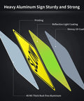 Two Pack Dang Tough Slow Warning Signs Measuring Twelve Inches Square Cut From Heavy Duty Rust Free Aluminum Featuring Vivid Reflective Sheets and Top Shelf Fade Guard Paint For Sure Fire Night Visibility showing four signs with yellow caution and coatings.