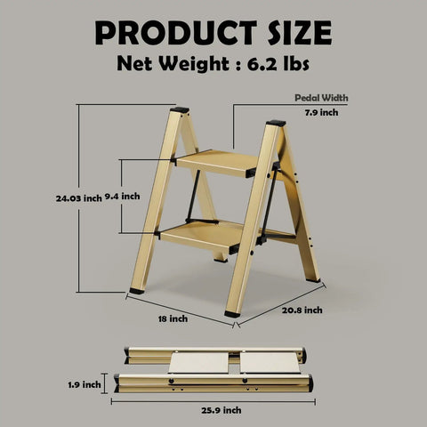 2 Step Foldable Aluminum Stool Ladder For Home Use, Lightweight And Compact, No-Hassle Easy Open Fold, Sturdy And Versatile Reach To 24-Inch, Ideal For Reaching Cabinets And High Shelves, Perfect For Seniors And DIY Enthusiasts; 24.03 in size, 6.2 lb