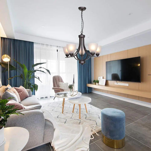 5 Light Shaded Contemporary Chandeliers With Alabaster Glass In Oil Rubbed Bronze Finish hanging in modern living room