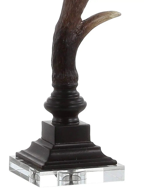 Rustic 29.5 Inch Antler Table Lamp With Brown Clear Faux Resin And Crystal Base Light Grey Linen Shade LED Bulb Included UL Listed For Cabin Decor That Elevates Cabin Living Vibe
