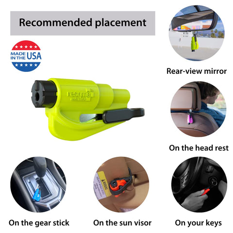 Emergency Keychain Car Escape Tool Pack Of 2 showing various placements in car, USA Safety Yellow design.