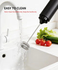 Rechargeable Handheld Milk Frother With Dual Coil Whisk Head Electric Coffee Frother Wand rinsed under faucet