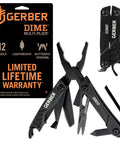 Black Mini 12-In-1 EDC Multitool with needle nose pliers, pocket knife, and more next to packaging displaying warranty details.