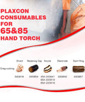 PLAXCON consumables for 65&85 hand torch with drag-cutting parts: shield, retaining cap, nozzle, electrode, and swirl ring displayed