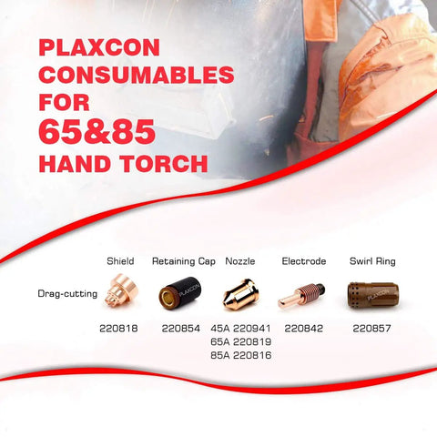 PLAXCON consumables for 65&85 hand torch with drag-cutting parts: shield, retaining cap, nozzle, electrode, and swirl ring displayed