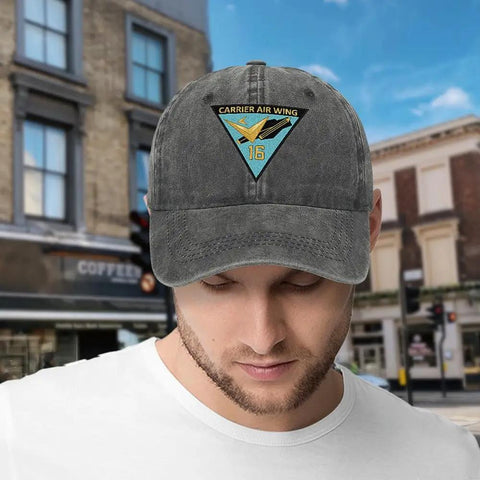 Washed Cotton Baseball Cap With Carrier Air Wing 16 Insignia One Size Grey Military Inspired Navy Aviation Hat For Everyday Wear