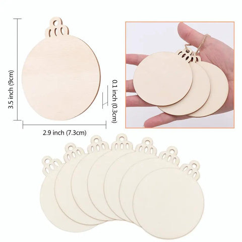 Thirty Pack Fresh Three Inch Round Blank Wood Circles With Natural Twine Hangers Premium Birch Plywood Crafting Pendants displayed with size and features.